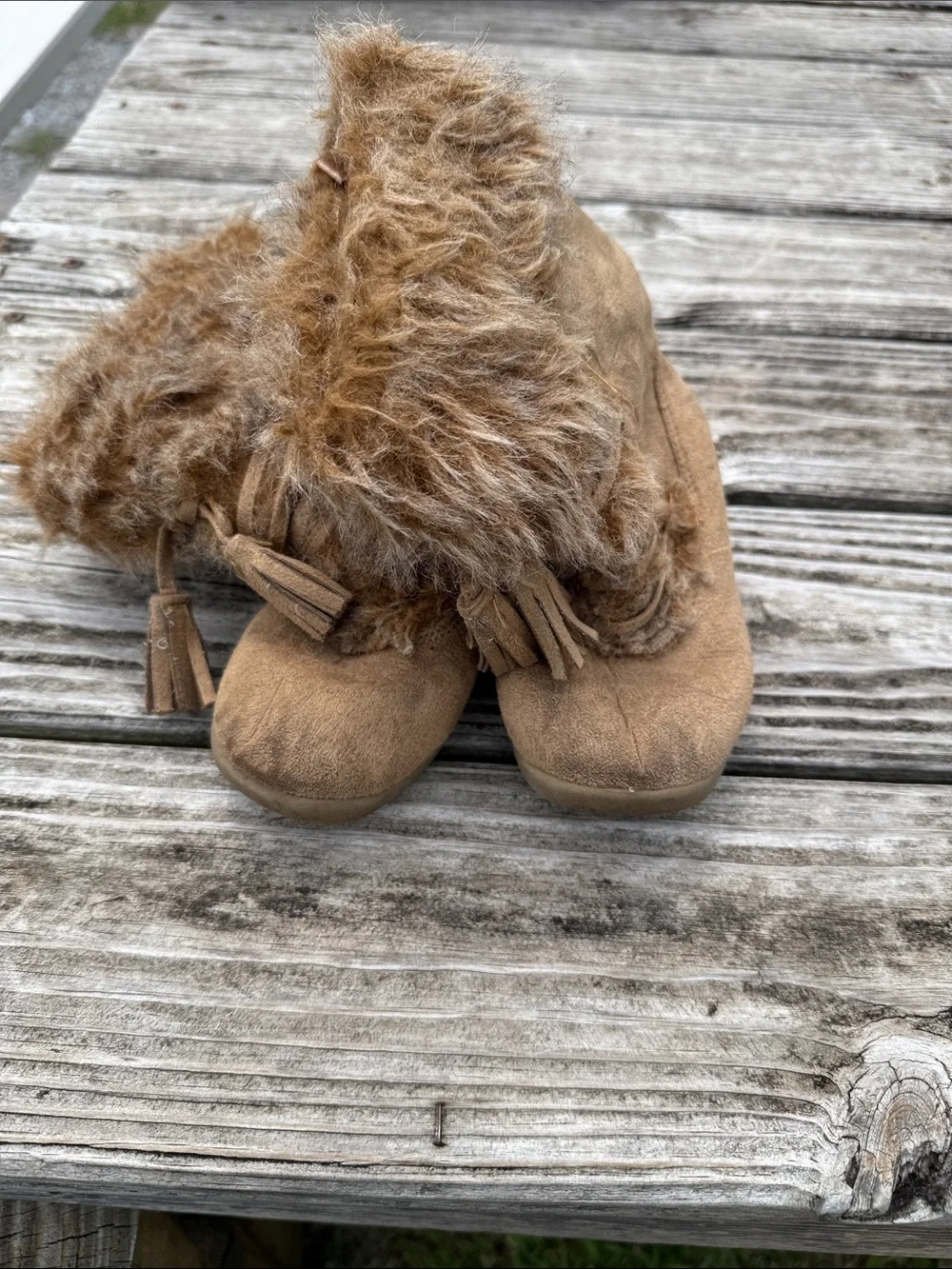 Kids Faux Fur Trim Tan Suede Boots